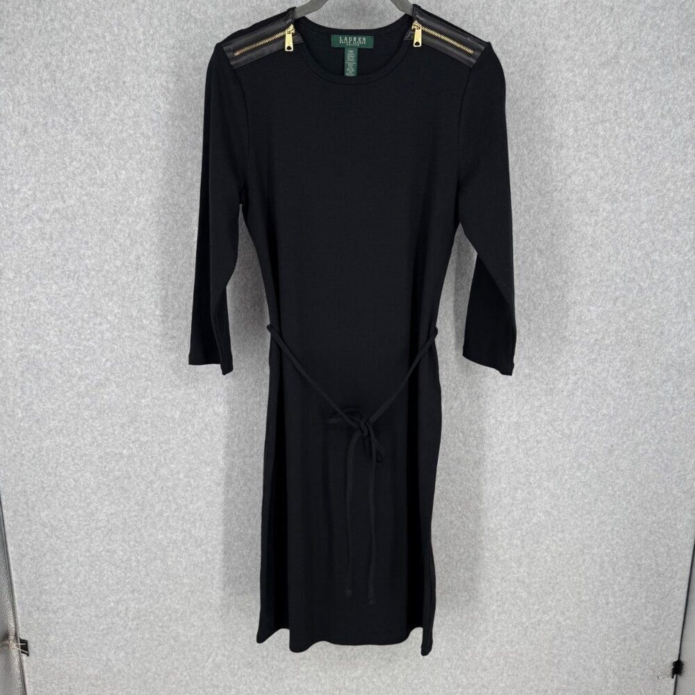 Lauren Ralph Lauren Zipper Shoulder Midi Dress Size MP Black Tie Waist Cotton